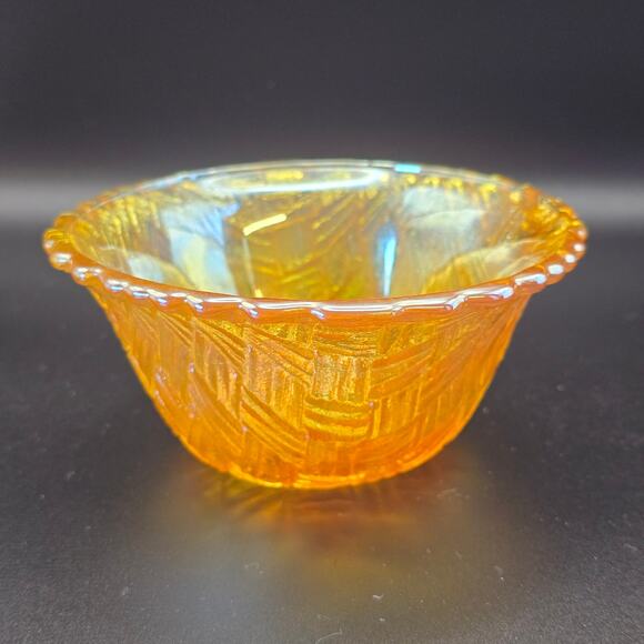 Retro Glass Bowl Marigold Iridescent Basket Weave Pattern Vintage Collectible - Picture 2 of 8